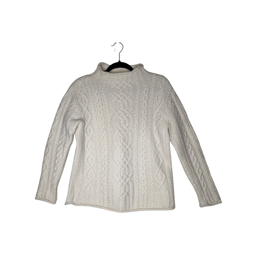 Aran Crafts Sweater Ivory Cable knit Merino Wool Mock Neck Size  S Cozycore